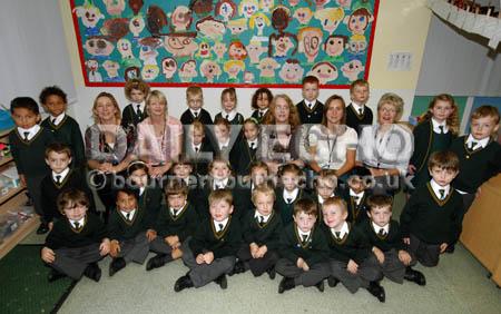 St James Primary School ... Dolphins class with, l-r, teaching assistants Mrs Allie Stopler and Mrs Angie White, and class teachers Mrs Caroline Eggart, Mrs Tracy Allen and Mrs Senga Lake.