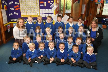 Reception Children at  Oakhurst First School in West Moors with their Teacher Lizzie Coe, left, and TA Tanya Hughes
