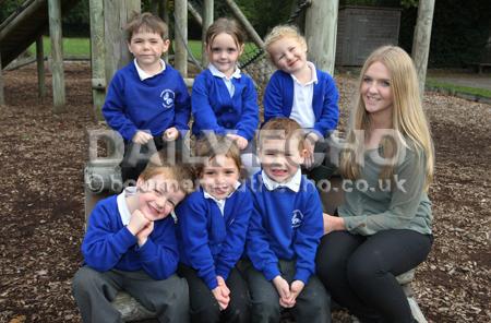 Reception Children at  Three Legged Cross First School with their Teacher Faye O'Gorman