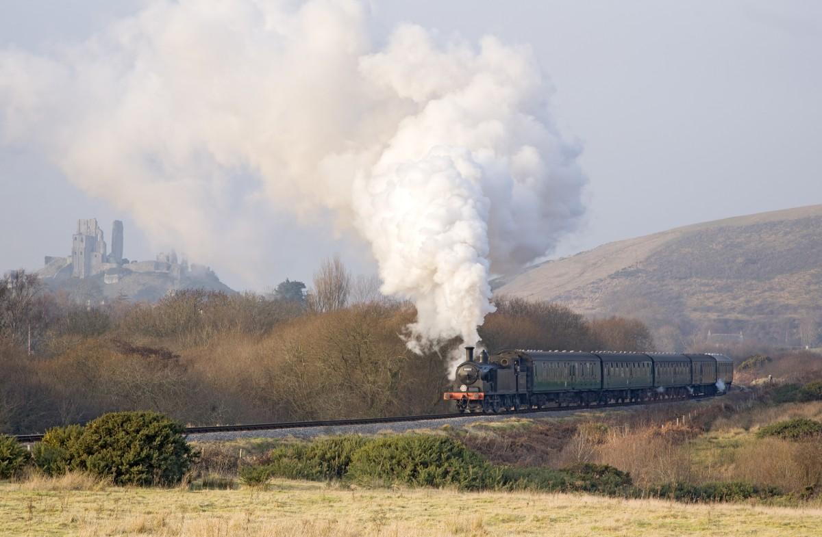 Swanage Railway passing Corfe Castle in winter  by  John Lewis
