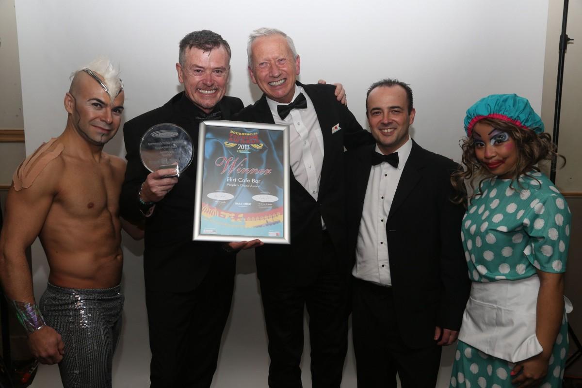 Flirt Cafe, Winners of the Daily Echo People's Choice Award at the Bournemouth Tourism Awards 2013. Peter Moody and Rob Hazell, with Sponsor Daily Echo and Bournemouth Daily Echo Group Editor Toby Granville. 