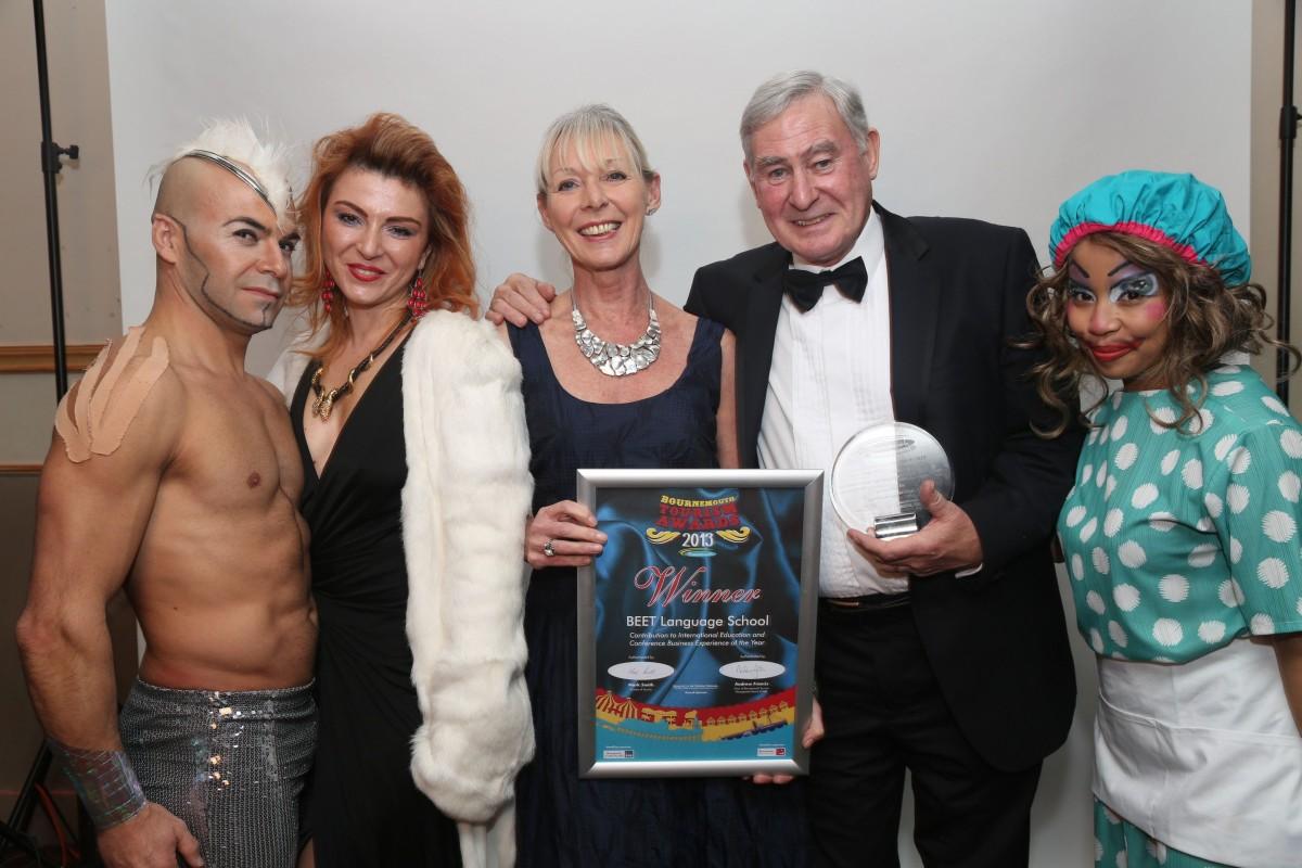 BEET Language School, Winners of the Contribution to International Edication and Conference Business Experience of the Year Award at the Bournemouth Tourism Awards 2013. Sponsor Andreea Bostan, of Bostico International, with Judith and Clive Barrow. 