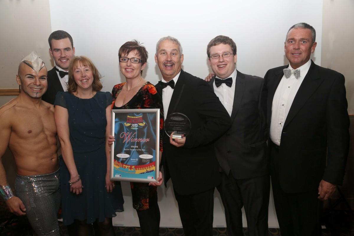 More Buses, Winners of the Tourism Transport of the Year Award at the Bournemouth Tourism Awards 2013. Alex Chutter, Sara Davenport, Nikki Honer, Paul Weller, Alister Strong, and Sponsor John Corderon, of Breeze VW. 