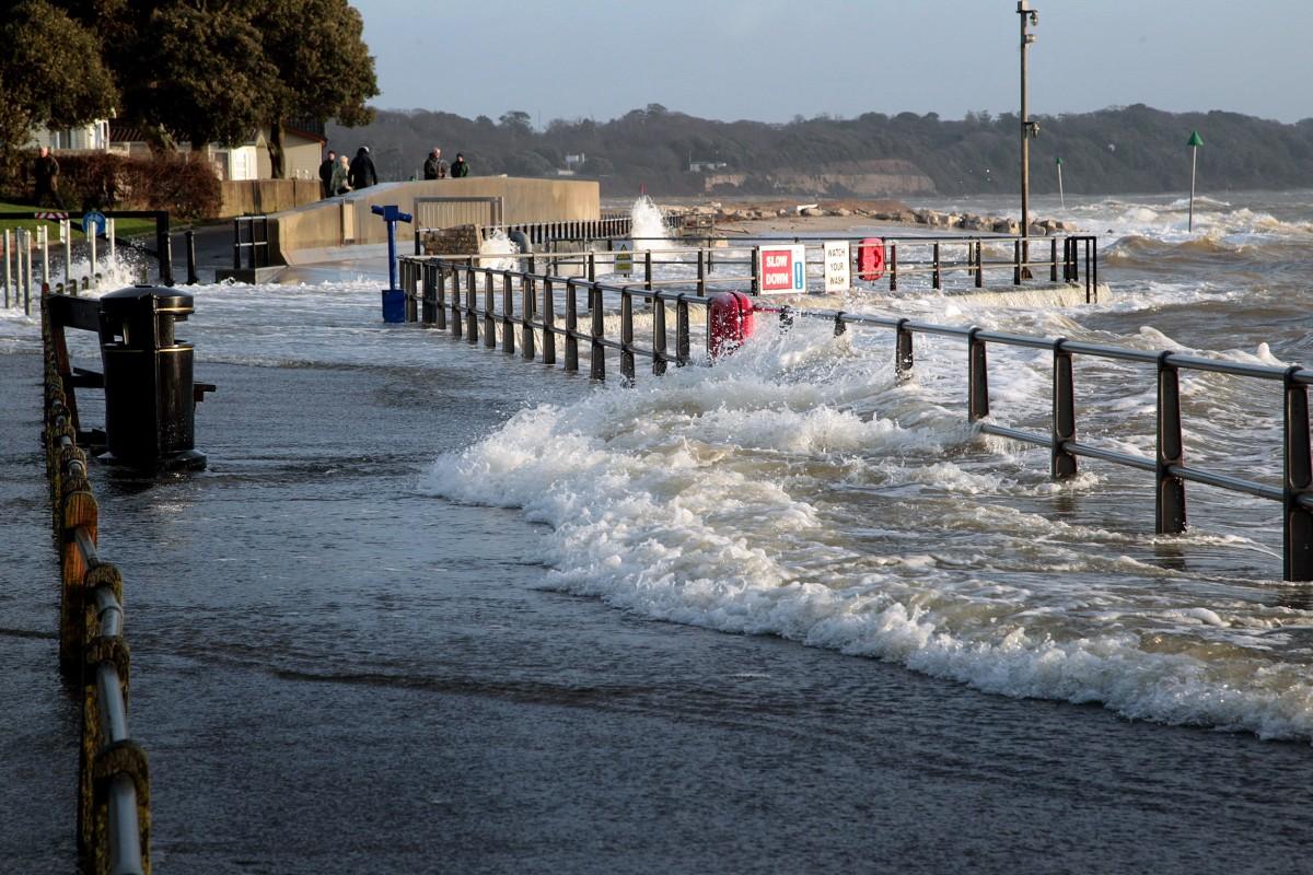 Heavy rain and strong winds cause flooding and high tides across Dorset. High Tide at Mudeford Quay.