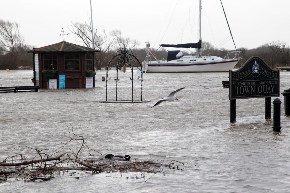 Heavy rain and strong winds cause flooding and high tides across Dorset. High tide at Christchurch Quay,