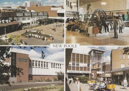 Postcard of the 'new Poole' showing the Arndale Centre external and internal shots. Taken in the 1980s. Submitted by Martin Huse.