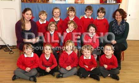 Reception children at Wimborne St Giles C of E  School with Teacher  Clare Rusden, left, and TA Paola Crighton