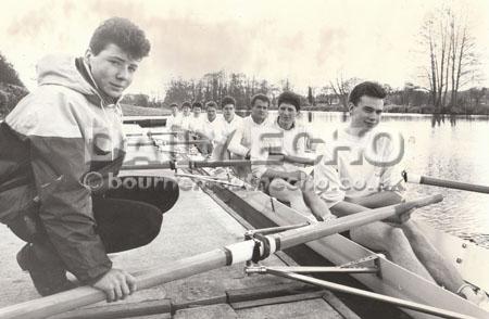 In March 1986 Canford School launched a new rowing boat, Lady Ela, on the River Stour. In the boat are the first eight John Monk, James Webb, Mark Tennant, Mike Taylor, Richard Telfer, Tim Wiltshire, Tom Webster and Jeremy Morris with their cox Nick Rober
