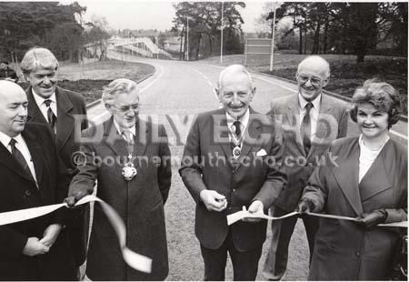 In 1987 the High Sheriff of Dorset, Col. Kenneth Ferguson cut the tape to open Winton and Moordown Relief Road. VIP party are, left to right, Rodney Barton of Macbar Construction, County Surveyor Lionel Vizard, Mayor of Bournemouth Dan Crone, Kenneth Abel