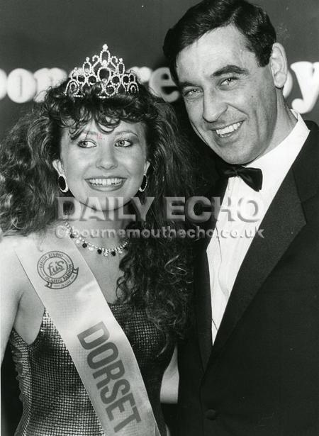 1987 Laura Perkins (18) was crowned Miss Dorset at the International Holiday and Travel Exhibition at BIC. Seen here with Mike Emsley general manager of the Daily Echo. 