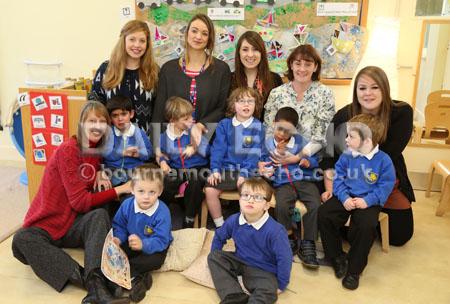 Children in Wrens Class at Linwood School in Bournemouth with Teachers, Lesley Windsor, left, and Chloe Moore, centre, and TA's Naomi Fursden-Welsh, Sophie Etheridge, Karen Lake and Chloe Keeling.