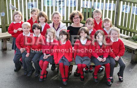 Reception children at  Sopley Primary School in South Ripley with Teacher  Dawn Potts, right, and TA Fiona Thomas.