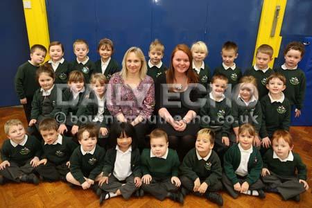 TA Kerry Bloor and Teacher Claudia Mulholland with Squirrels class at New Milton Infants School. 