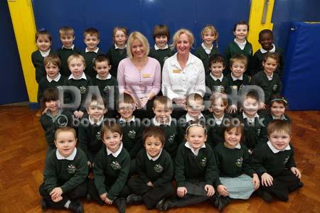 Teacher Katherine Bratcher with TA Christine Read and Badgers class at New Milton Infants School.
