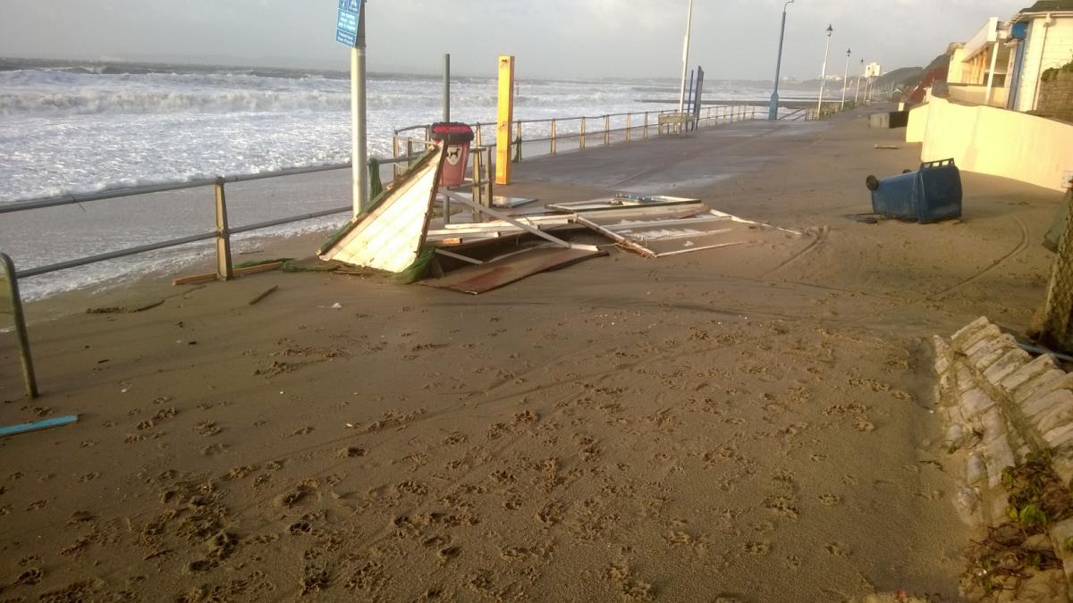 Daily Echo reader photos of the storm and damage left behind after severe weather swept through Dorset on February 14 and February 15. Picture from Ben Butcher of destruction at Southbourne beach