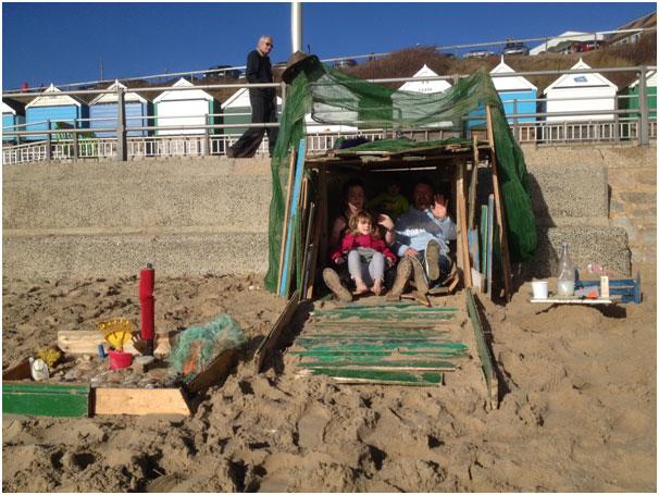 Wayne Willetts, partner Georgie, Arabella 5, Sonny 3, from new Milton built a beach hut out of the remains at Avon Beach