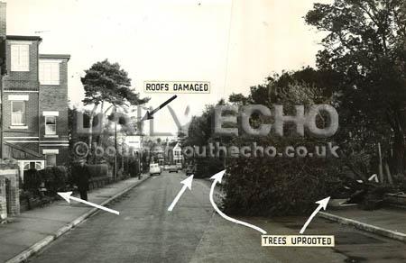 During the storm of 1966 there was much damage to property and trees were uprooted. Pictured is the damage done in Wharncliffe Road, Bournemouth.