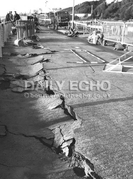 A section of pavement near the road at East Cliff in 1965 badly cracked following cliff movement after storms.