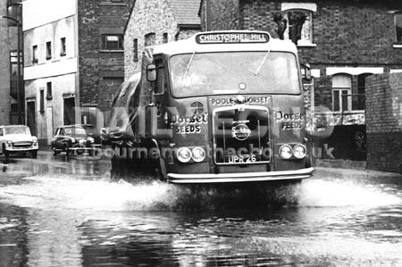 Flooded West Quay Road in Poole after a storm in 1968.
