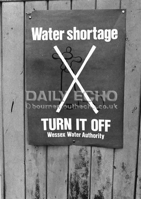 A notice in Haven Road, Canford Cliffs telling the public to conserve their water during the hot weather in August 1976.