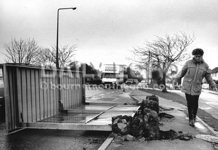 A bus shelter was blown over in Wallisdown Road, Bournemouth in the 1990 gales.