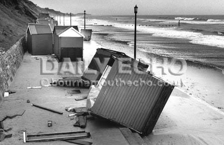 Beach huts were strewn across the promenade at Southbourne after severe gales battered the Dorset coast in December 1989.
