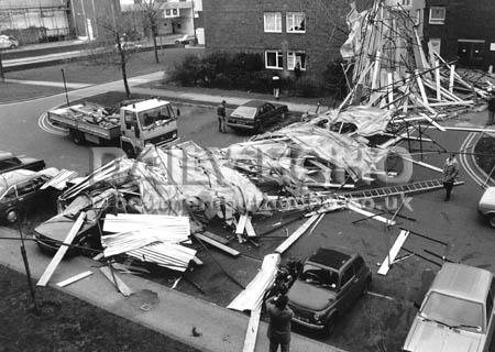 Scaffolding beside the Nelson Court in Poole collapsed during the severe gales in December 1987.