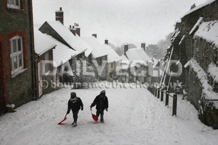Snow in Shaftesbury- sledging  on Gold Hill 6th January  2010