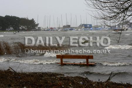  Rough weather between 11.00 and 12.00 noon today ... Mudeford Quay ... a seat swamped by flood water at Mudeford Quay 10th March 2008