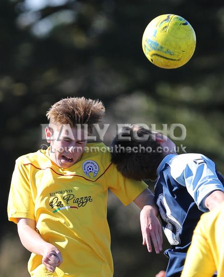 Football action Greenfields v Moordown U16's at King George V playing fields in Ferndown