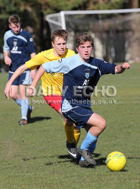 Football action Greenfields v Moordown U16's at King George V playing fields in Ferndown