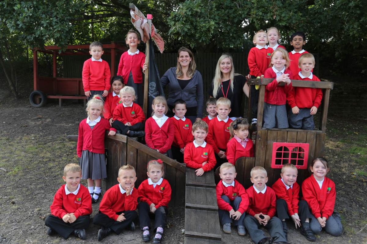 Reception children in Elm Class at Sylvan Infant School  in Parkstone with Teacher Meleze Barnes, right, and TA Emma Powell. Photo by Richard Crease.
