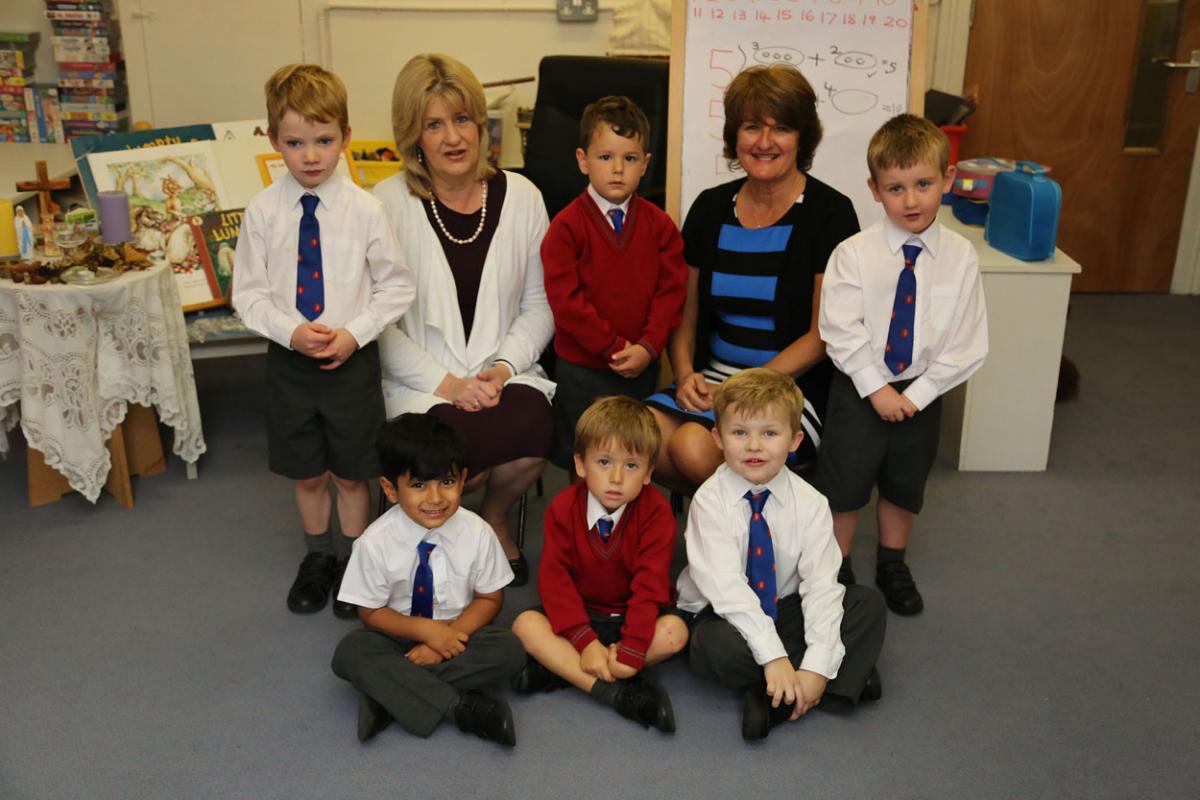 Reception class pupils at St Thomas Garnet's School in Boscombe with teacher Mrs Torfrida Baron-Gillings and, right, teaching assistant Mrs Mary Williams.  Photo by Corin Messer.