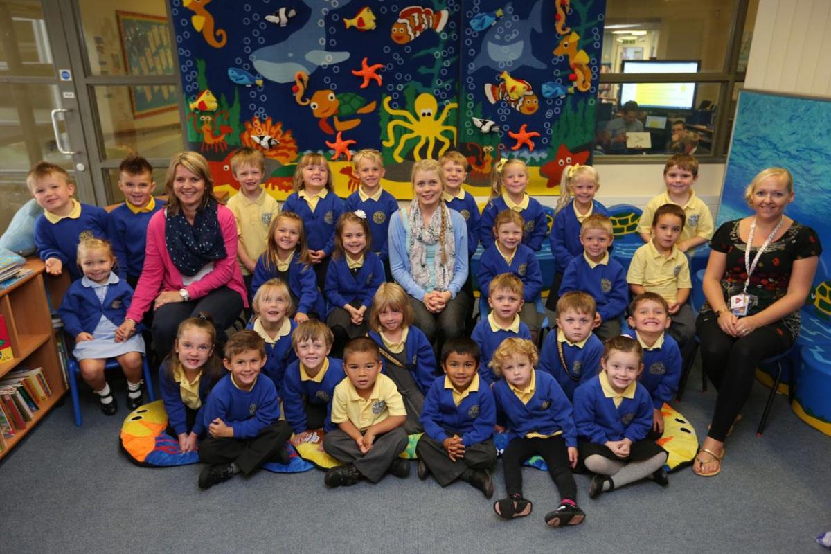 Reception children in Turtles Class at  Twin Sails Infant  School  in Hamworthy with, from left,  TA  Karen Boyce, teacher Melissa Bate and TA Hayley Whitbread