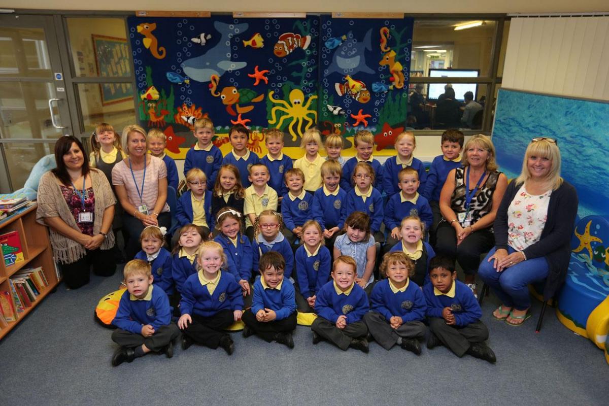 Reception children in Jellyfish Class at  Twin Sails Infant  School  in Hamworthy with, from left,  TA Suzie Foulkes, teacher Sarah Howe, TA Debbie Giles and TA Allison Champion.