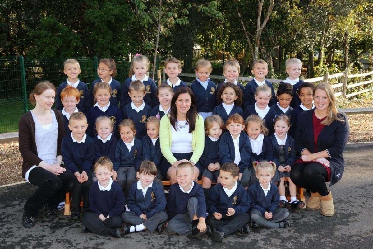 Reception children in  class RW at  Kings Park Primary school with teacher Diane Wilson, centre, and TA Catherine Clay and HLTA Debbie Richards