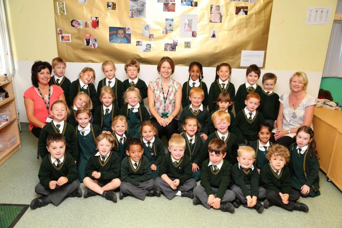 Reception children in  Seals class at  St James Primary school with teacher Nikki Bowen, centre, and TA's  Di Bircham and Angie White