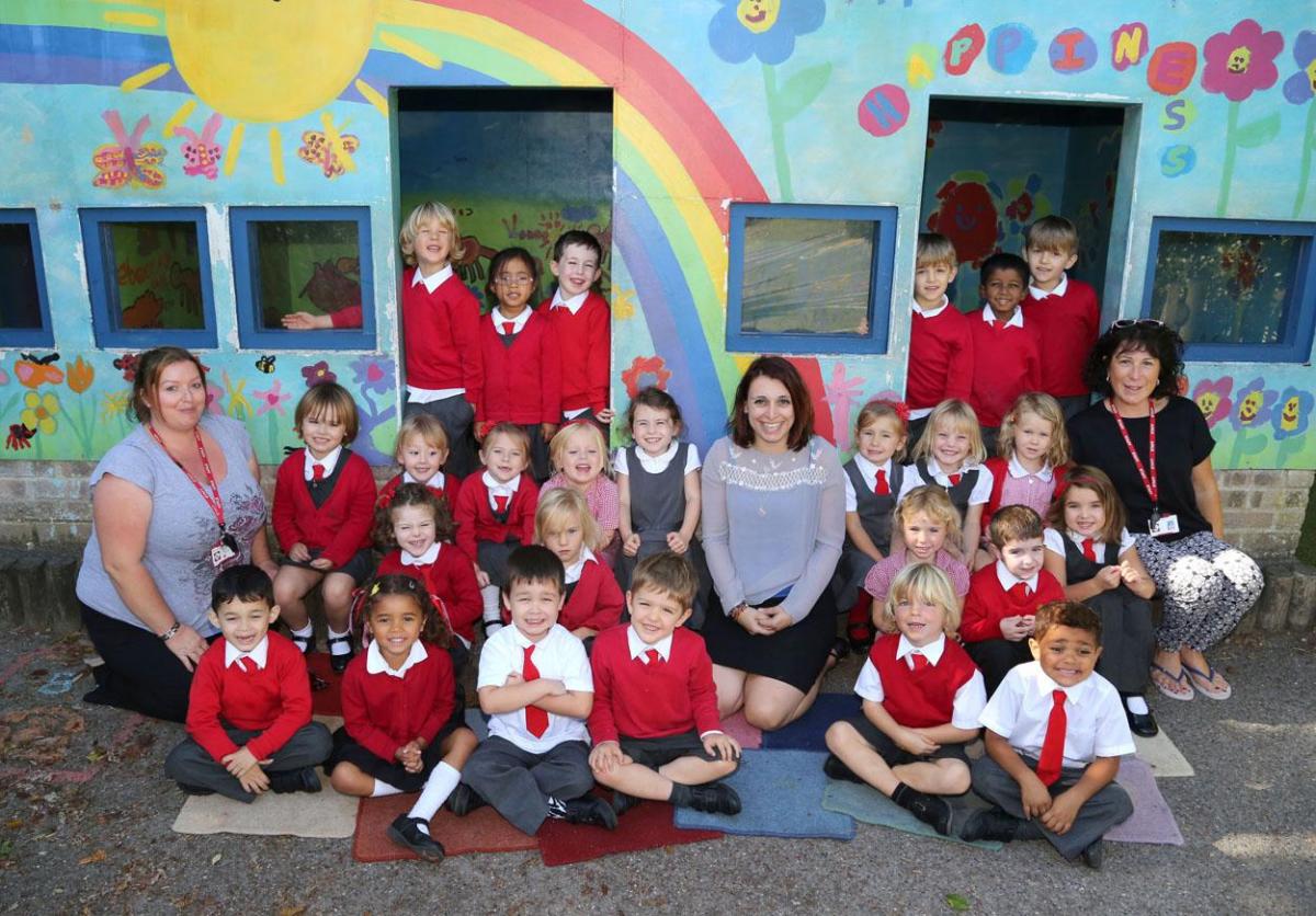 Reception children in Seahorses R class at Pokesdown  Primary school with teacher Danielle Roebuck, centre, and TA's Hayley Chester and Laura Rhymes