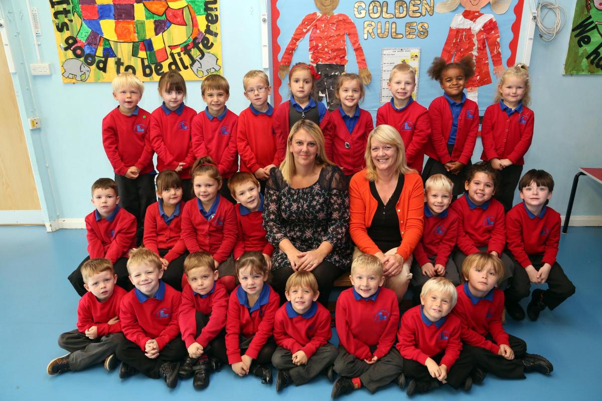 Reception class children in RHJ Class at Somerford Primary School with teacher Nicola Hinz-James and TA Judy Sheppard.