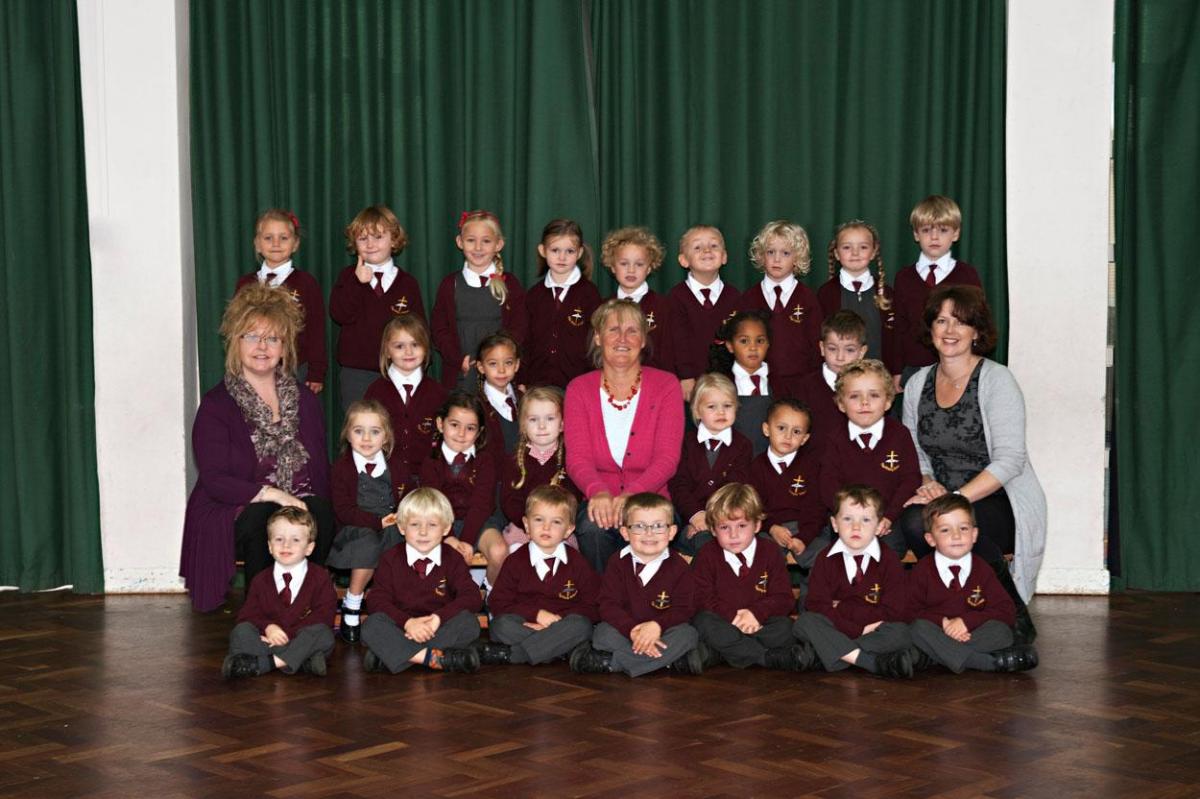 The Priory C of E Primary School Class R with TA Karen Crabb, left,  teacher Jenny Sibbald, centre, and TA Julie Homan.