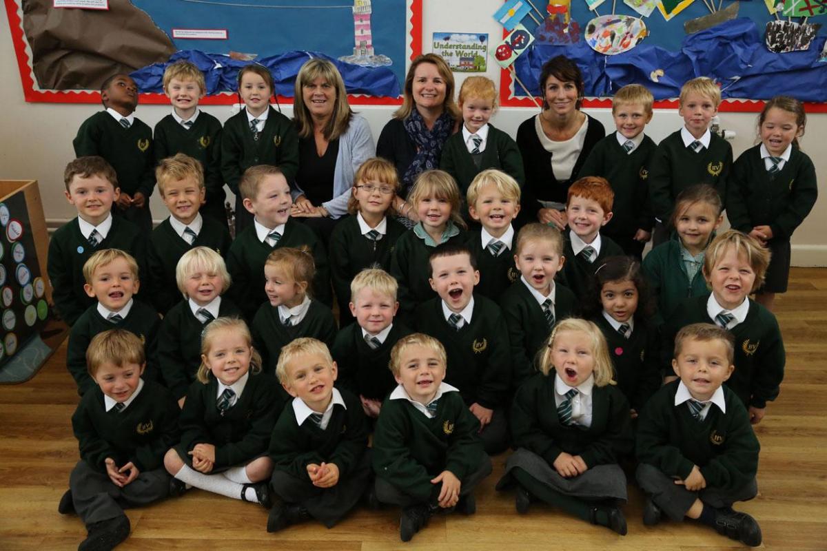 Hill View Primary School pupils with, left to right, TA Jan Love, teacher Liz Vadgama and TA Marisa John.