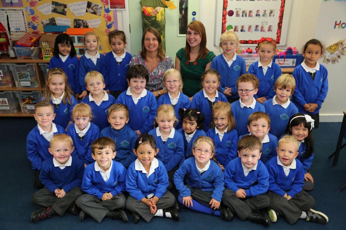 Winton Primary School reception class pupils with TA Teresa Whiteman and teacher Kathleen Smeddon.