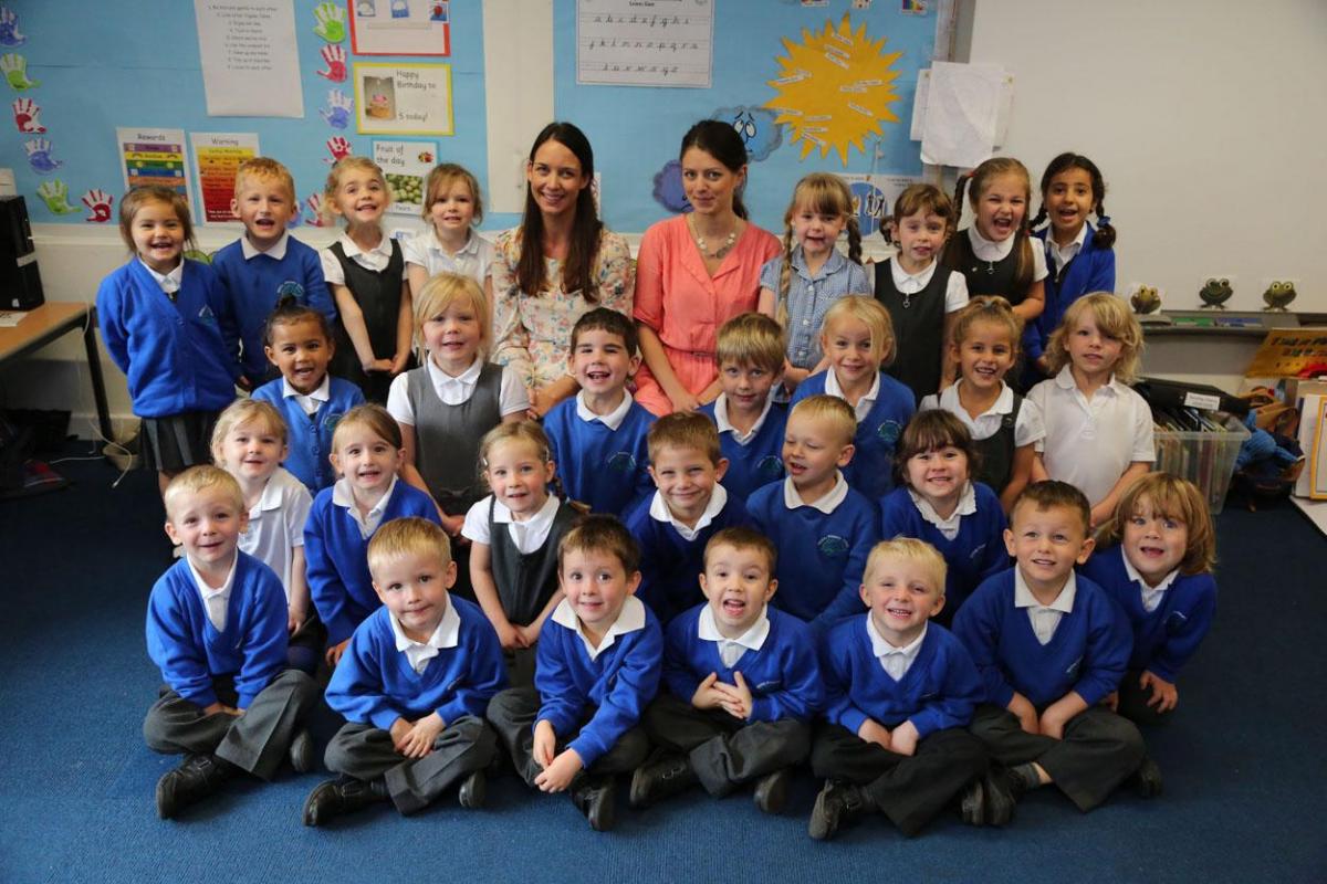 Winton Primary School reception class pupils with teacher Lucy Brown and TA Adel Bari.