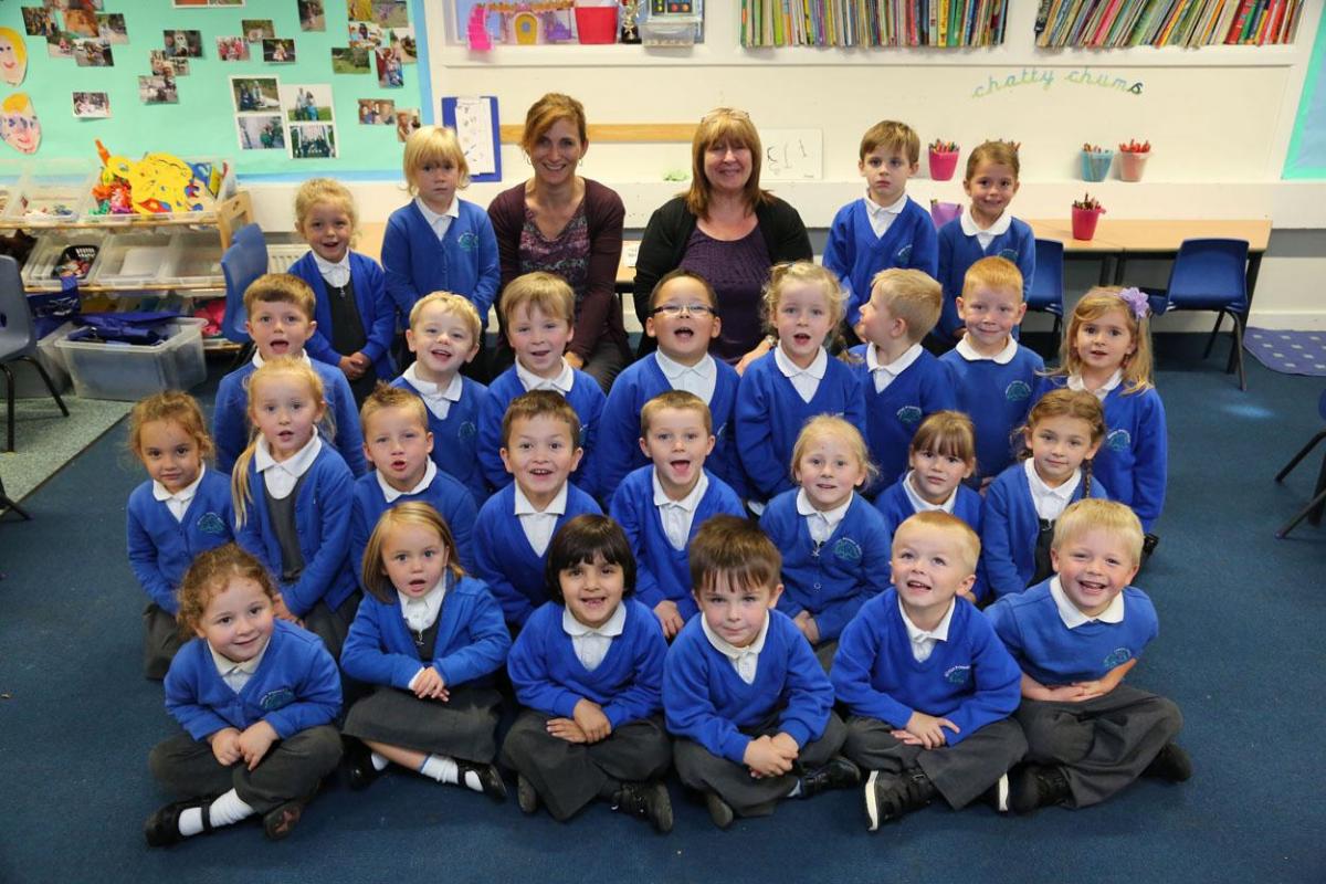 Winton Primary School reception class pupils with TA Kim Anken and teacher Caroline Thomas.