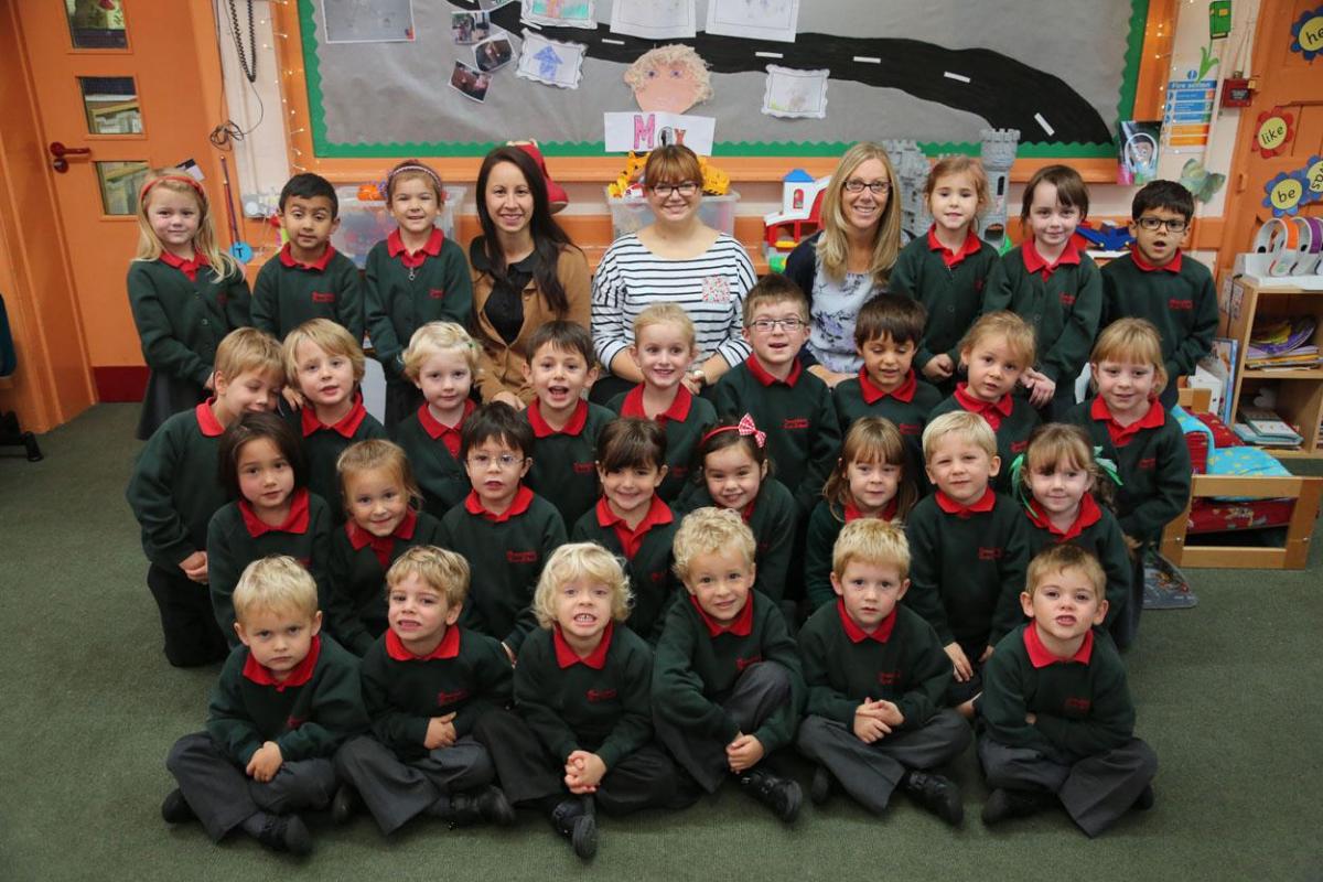 Reception class pupils at Broadstone First School with, left to right, teacher Louise Graves, teacher Julia Stone and TA Claire Powell.