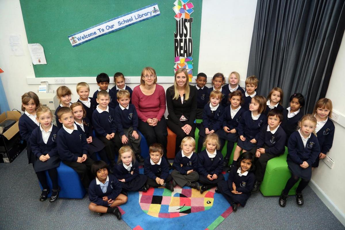 Reception Children from F2T class at St Mary's School in Poole with TA Tracey Warn and teacher Annie Trent.