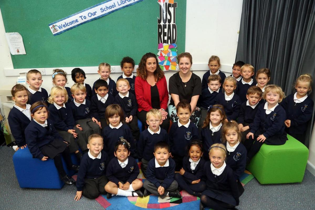 Reception Children from F2D class at St Mary's School in Poole with TA Michelle Houldsworth and teacher Aileen Dobbing.