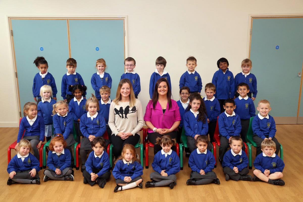 RAJ reception class at St. Michael's School in Bournemouth with TA Shelley Hatchard and teacher Ashleigh Jennings.