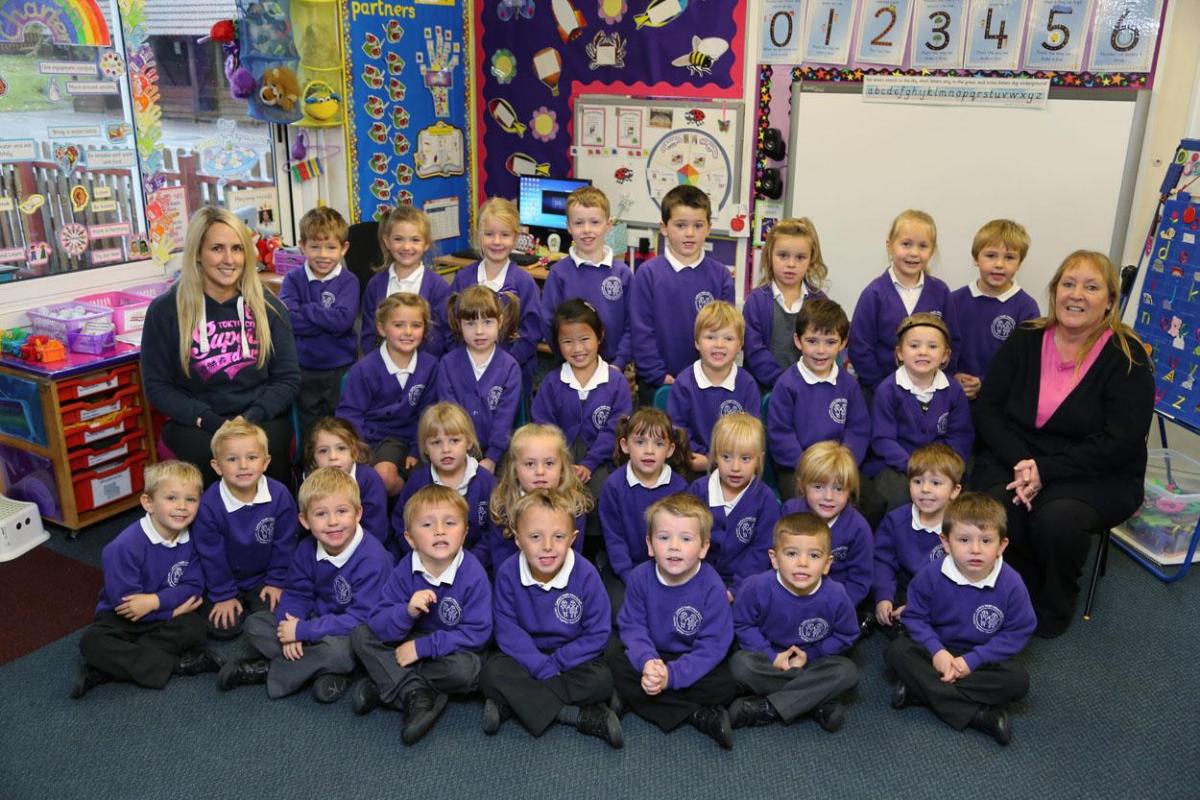 Reception children in Ladybirds class at Canford Heath Infant School with teacher Laurin Palmer and TA Marie Donoghue.