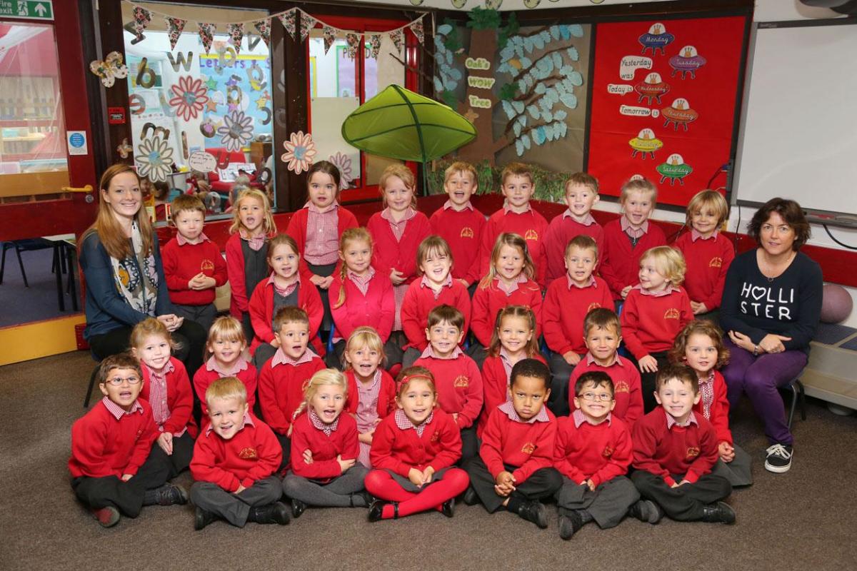 Reception children in Oak base at Verwood First School with teacher Helen Snow and TA Louise Rackley
